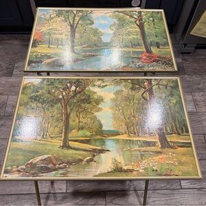 2 Robert Wood Folding TV Trays Lithograph Landscape 2 Seasons MCM Summer Spring
